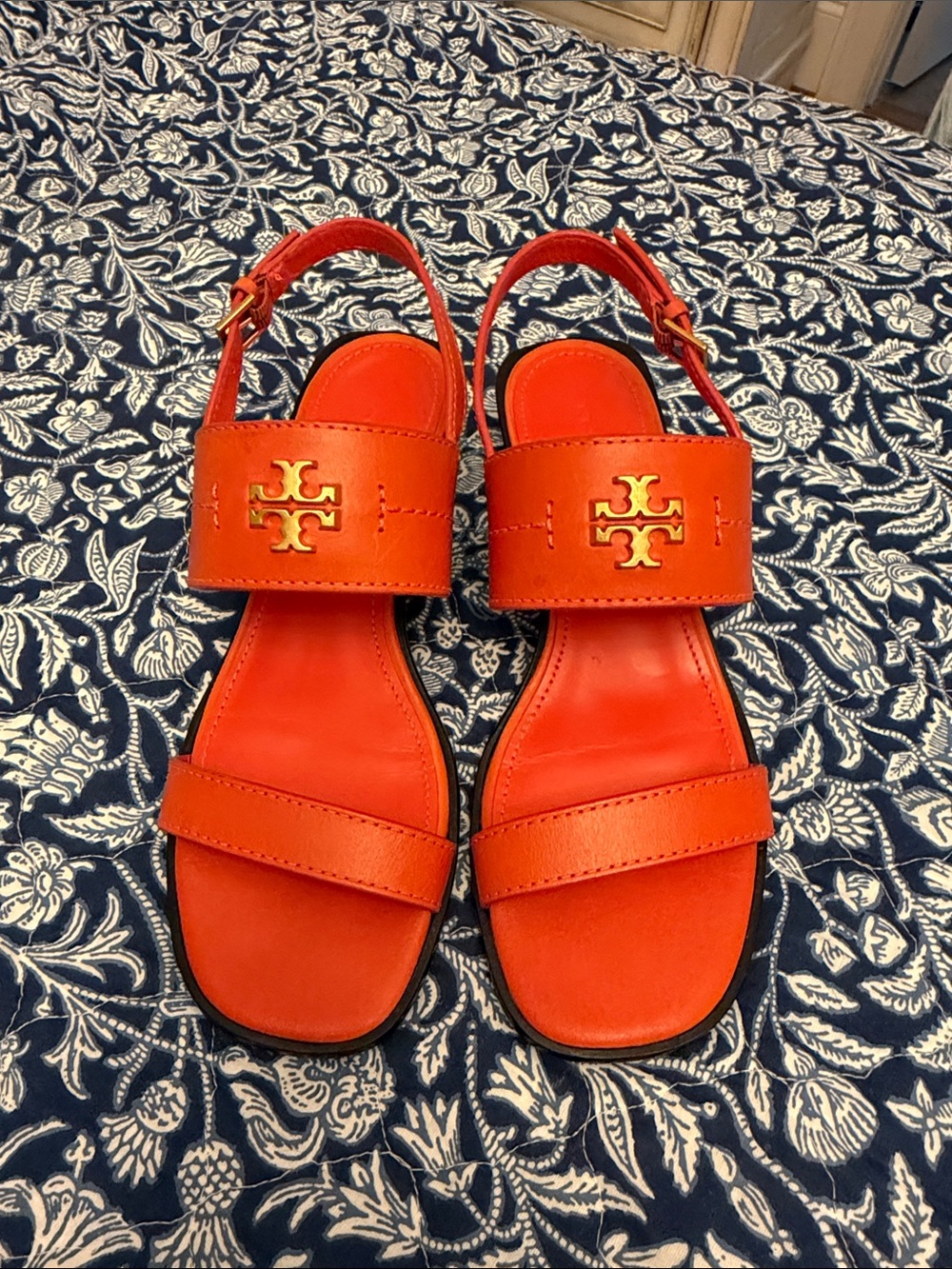 Tory Burch Tangerine Orange Leather Logo Slingback Sandals
